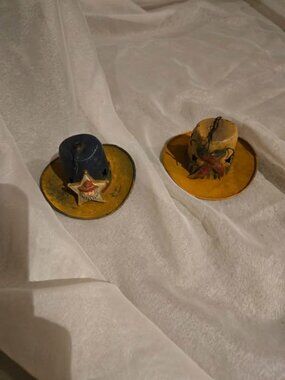 Tin Rustic Western Hat Christmas Ornaments w/Star Cutouts Lot of 2